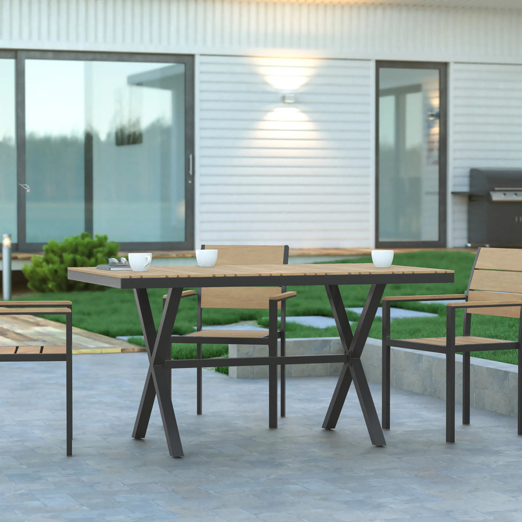 59" x 35.5" Outdoor Dining Table with Faux Teak Top and Gray Metal Frame E53931