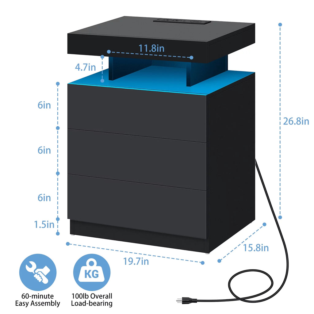 Black 2 Drawer LED Nightstand with Charging Station J68814