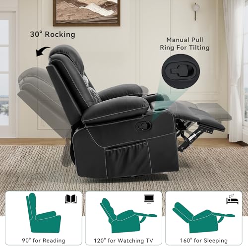 Black Faux Leather Swivel Rocker Recliner Chair with Massage & Heat V443705