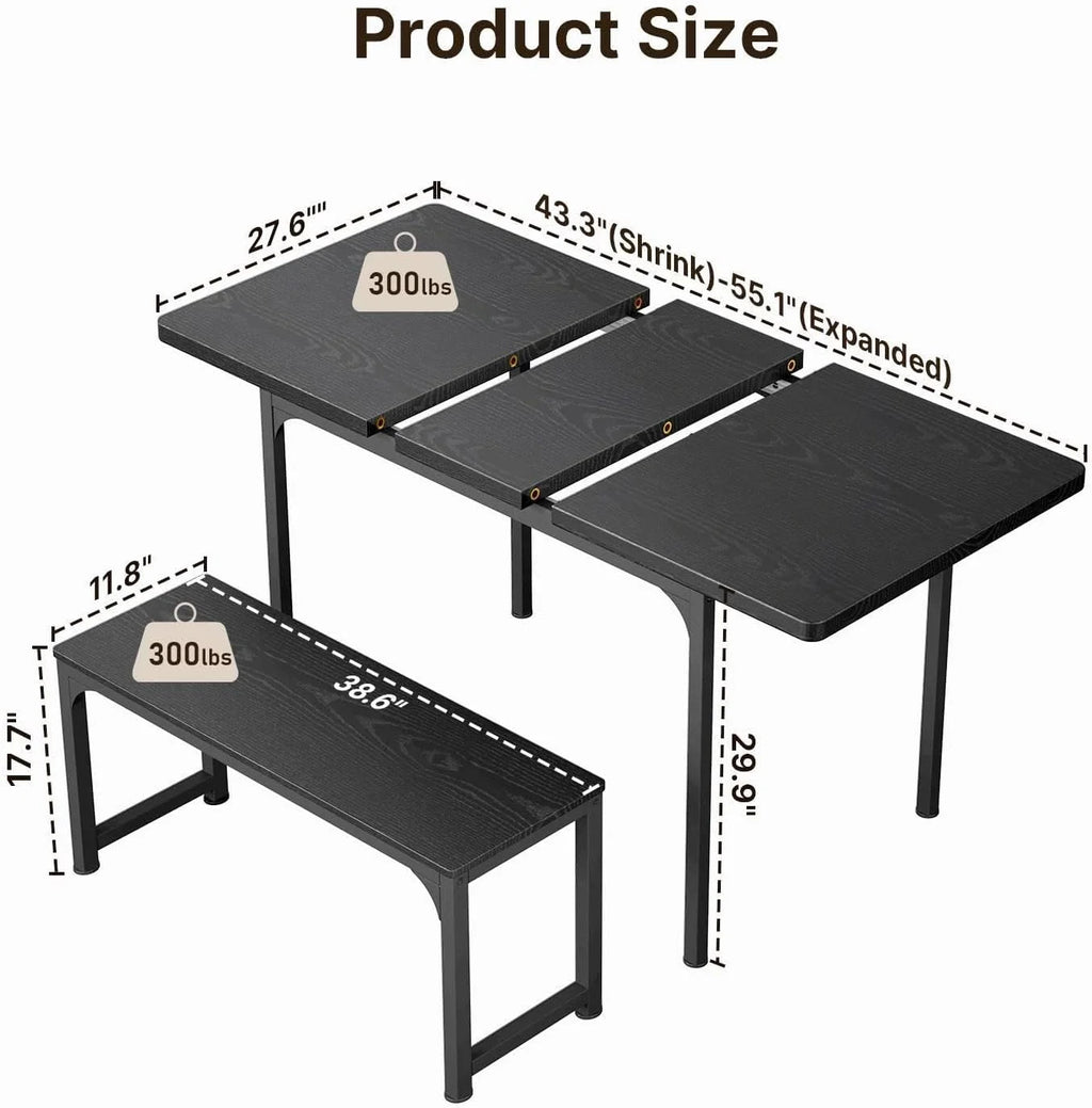 Black Extendable Dining Table Set with 2 Benches N1623