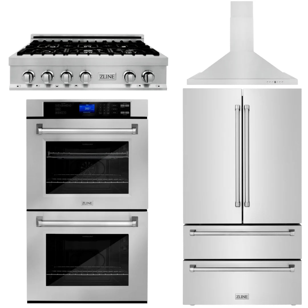 4-Piece Stainless Steel Appliance Package with 36 In. Rangetop, Range Hood, Refrigerator, and Double Wall Oven C587