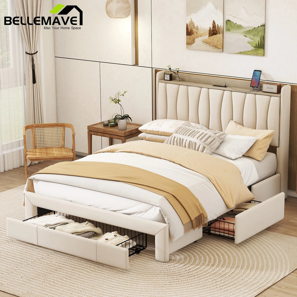Queen Size Upholstered Platform Bed Frame with 3 Drawers Z9739