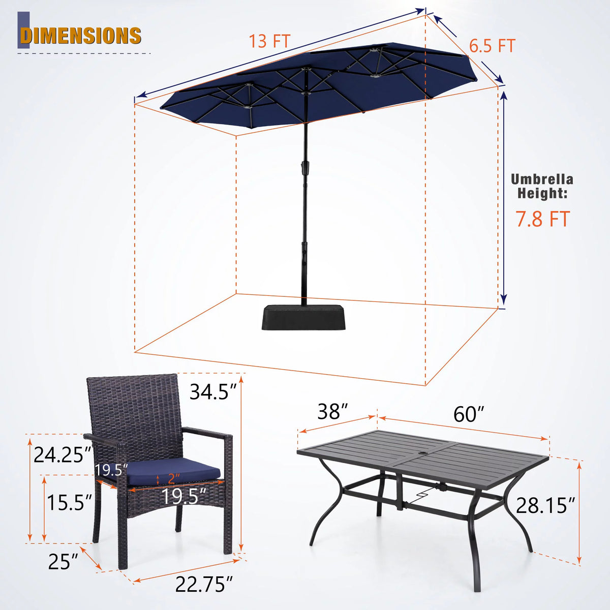 8-Piece Outdoor Patio Set with 13 ft Navy Umbrella Z1111