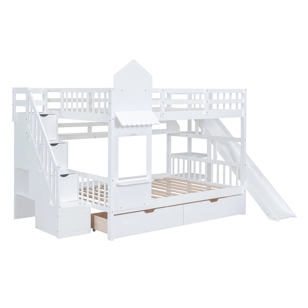 Full Over Full Castle Bunk Bed with Slide, Stairs and Storage Drawers X1199