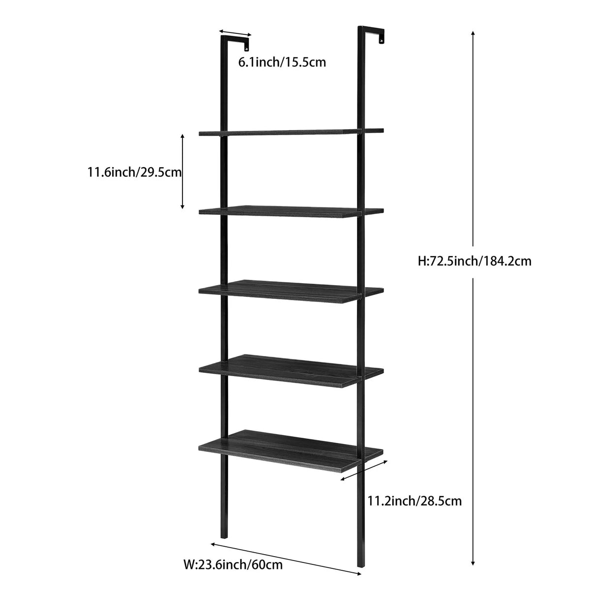 5 Tier Black Wall Mount Bookshelf B133