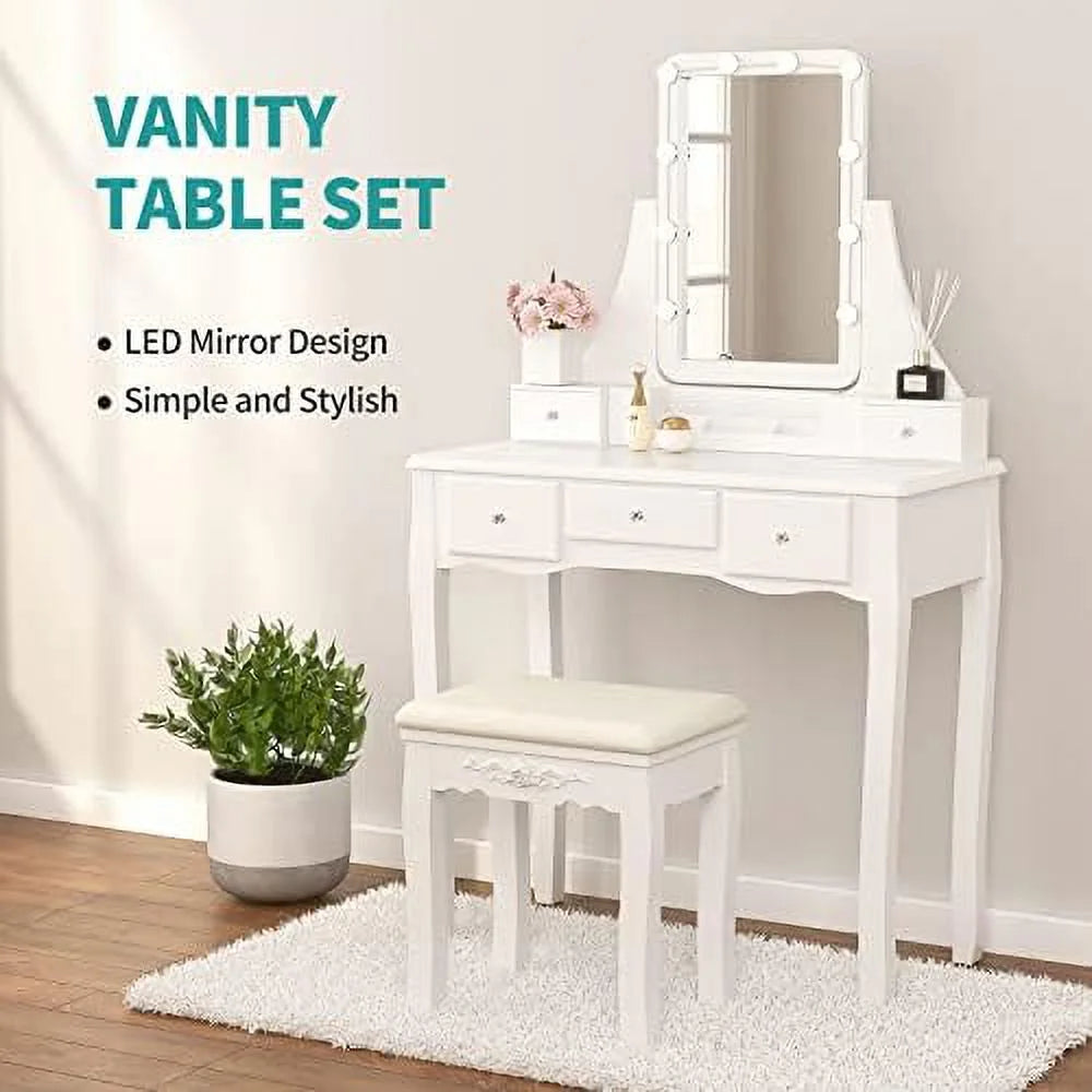 White Vanity Set with Lighted Tri-Fold Mirror and 4 Drawers U4281