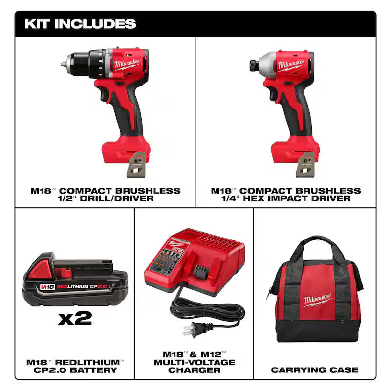 18-Volt Lithium-Ion Brushless Cordless Compact Drill/Impact Combo Kit (2-Tool) with Batteries, Charger and Bag Q995
