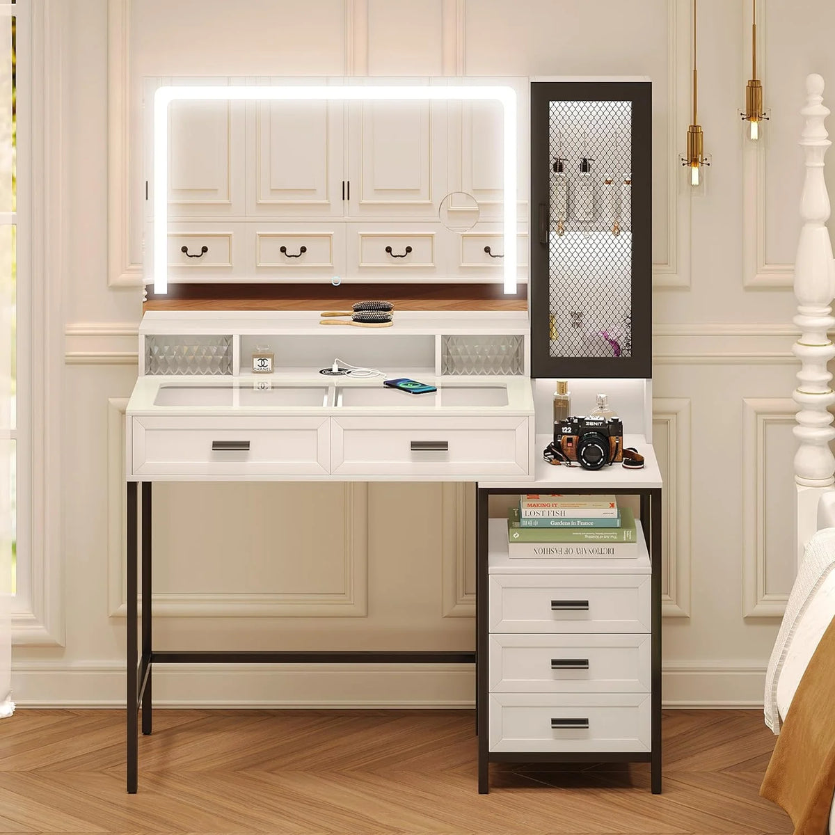 White Makeup Vanity Desk Set with Lights and Mirror Z382190