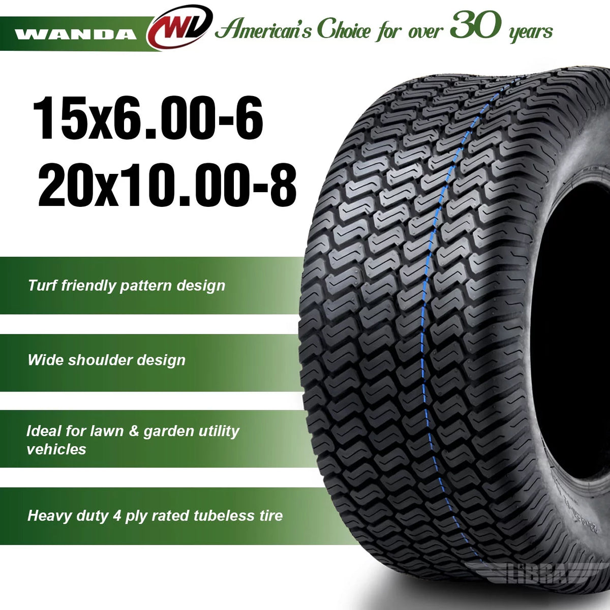 Set of 4 Lawn Mower Turf Tires 15x6-6 Front & 20x10-8 Rear T5620
