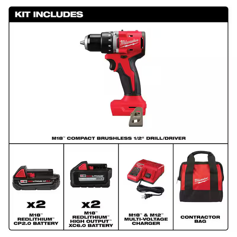18-Volt Lithium-Ion Brushless Cordless 1/2 in. Compact Drill/Driver Kit with 6.0Ah Battery Pack R628682