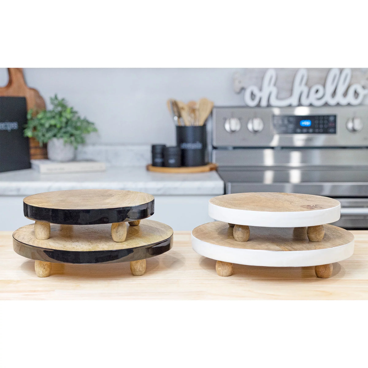 Round Wooden Risers Set of 2 Black Trim V110094