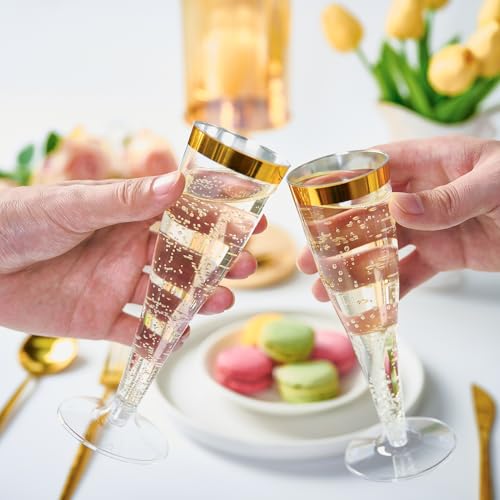 100 Pack 4.5 Oz Gold Rim Clear Plastic Champagne Flutes V4992