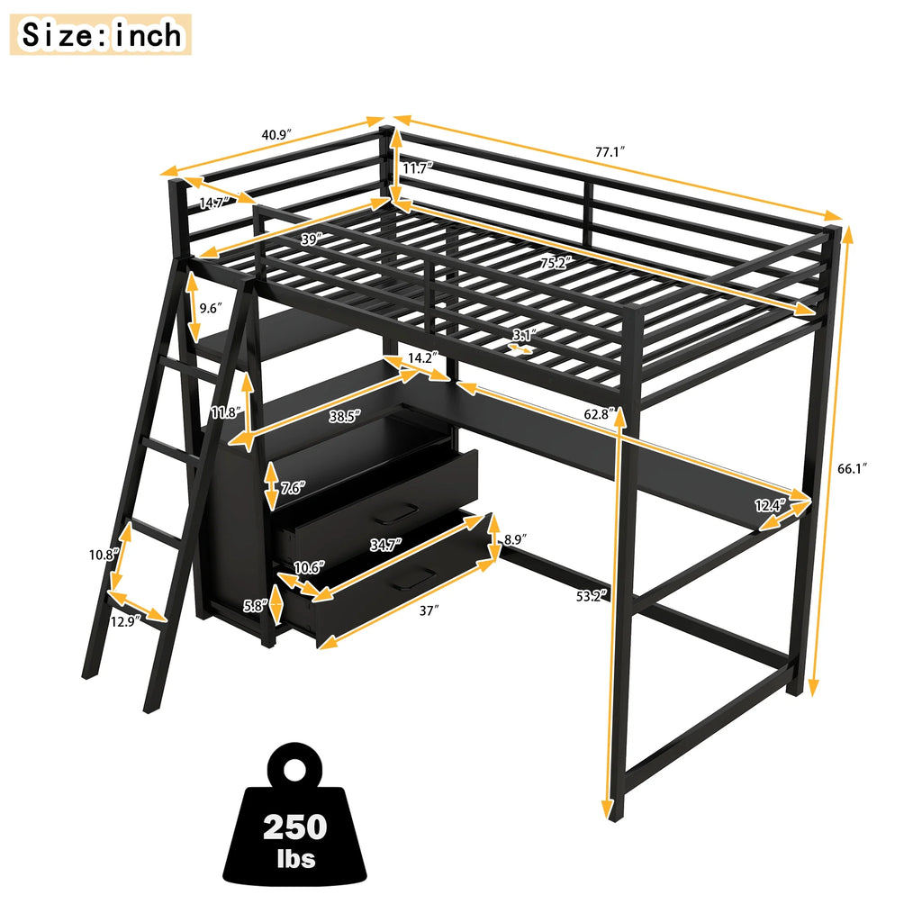 Black Twin Metal Loft Bed with Desk Storage Drawers Shelves M589121