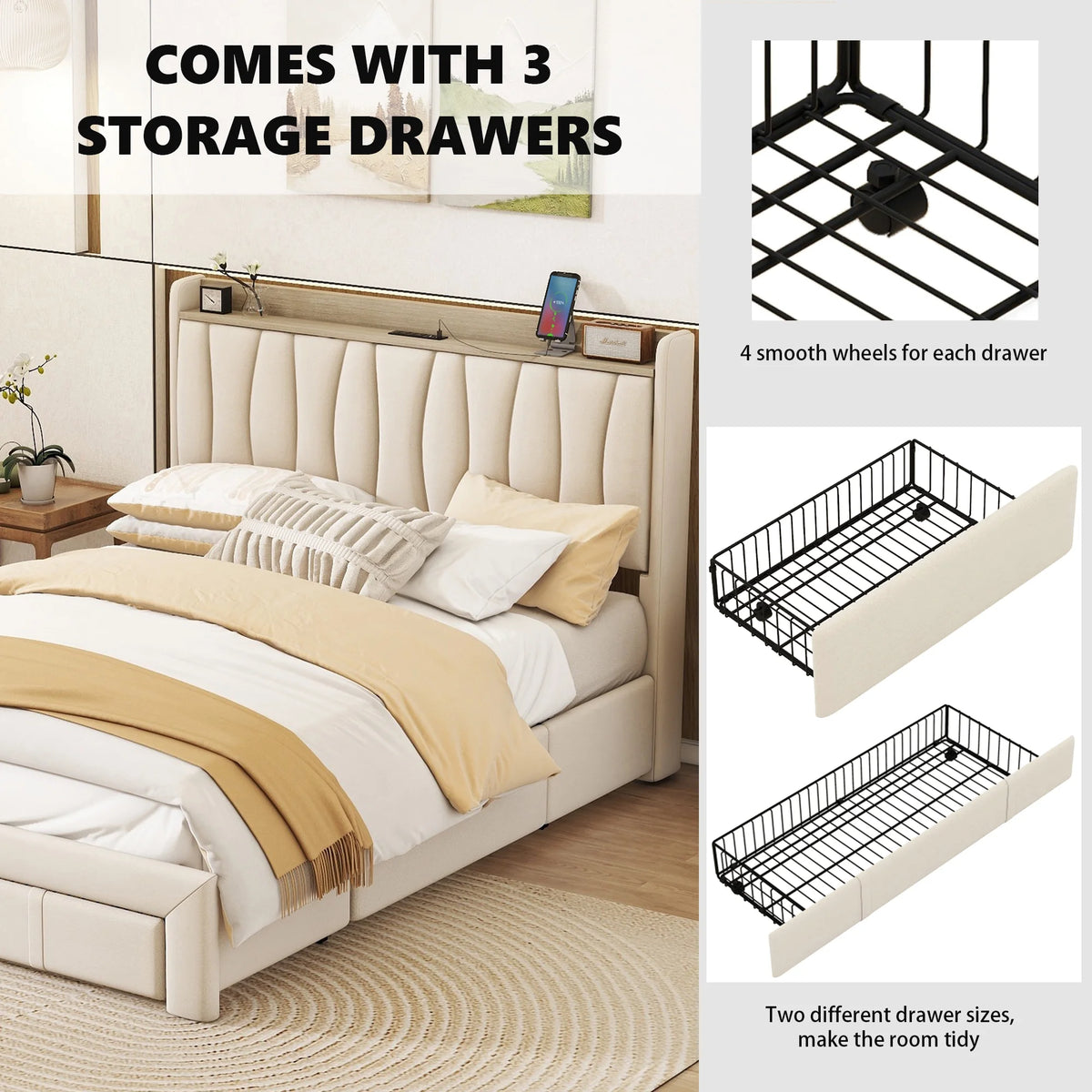 Queen Size Upholstered Platform Bed Frame with 3 Drawers Z9739