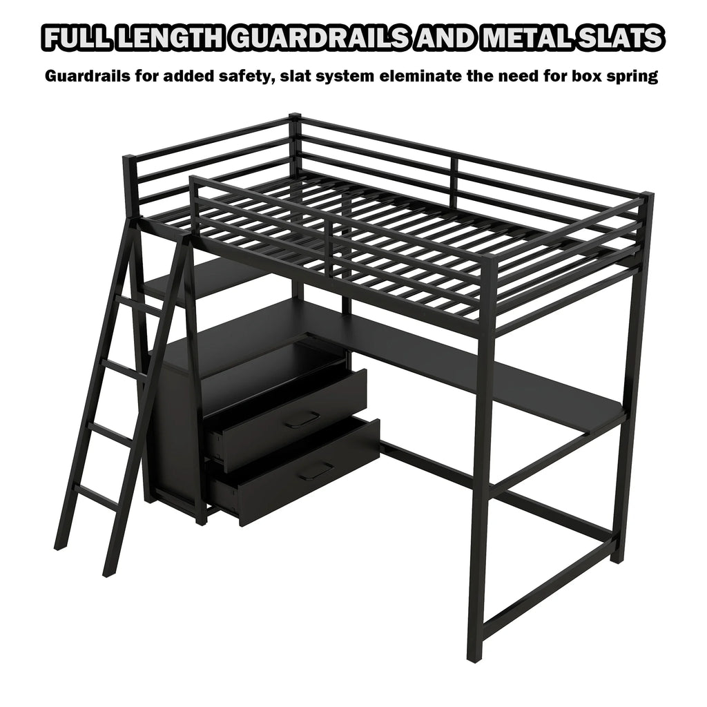 Black Twin Metal Loft Bed with Desk Storage Drawers Shelves M589121