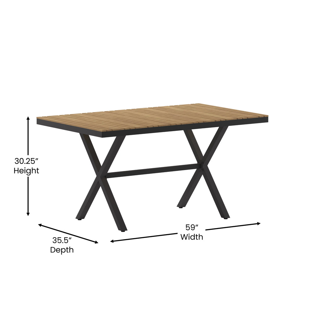59" x 35.5" Outdoor Dining Table with Faux Teak Top and Gray Metal Frame E53931