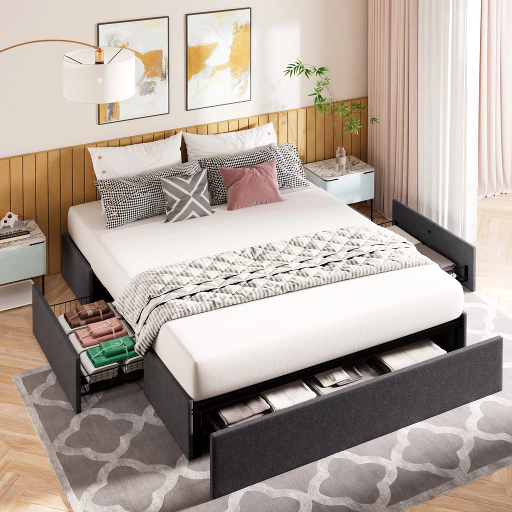 Queen Size Upholstered Platform Bed Frame with 3 Storage Drawers B64469