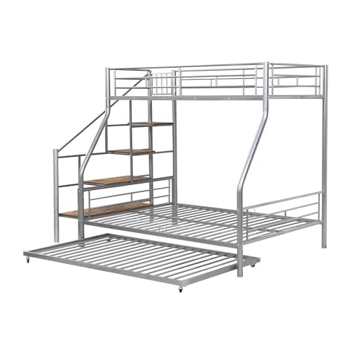 Twin Over Full Metal Bunk Bed with Trundle and Storage Staircase Z691611