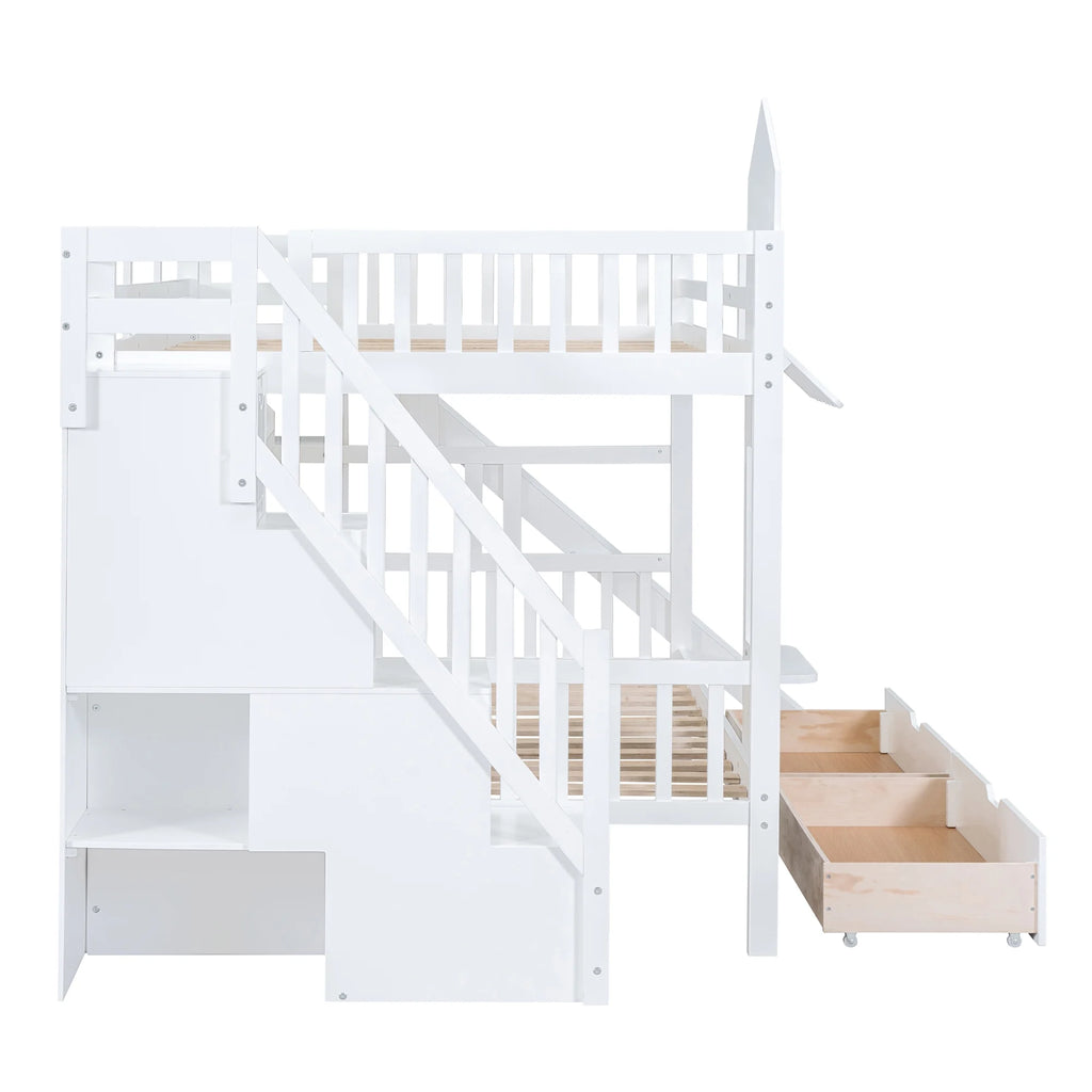 Full Over Full Castle Bunk Bed with Slide, Stairs and Storage Drawers X1199