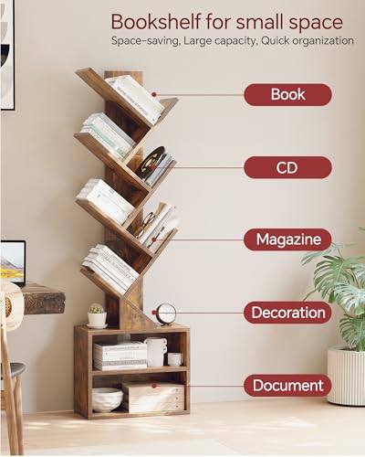 6 Tier Rustic Brown Tree Bookshelf with Storage Cabinet Y307302