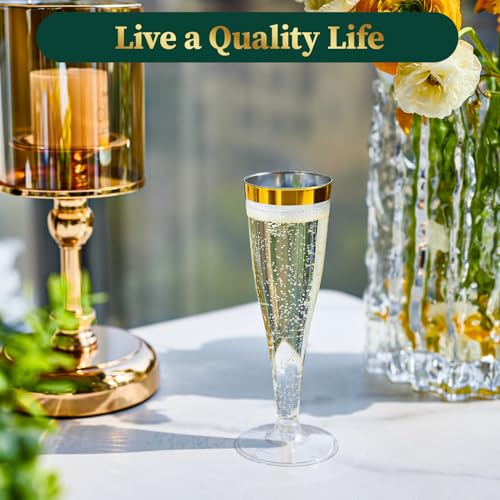 100 Pack 4.5 Oz Gold Rim Clear Plastic Champagne Flutes V4992