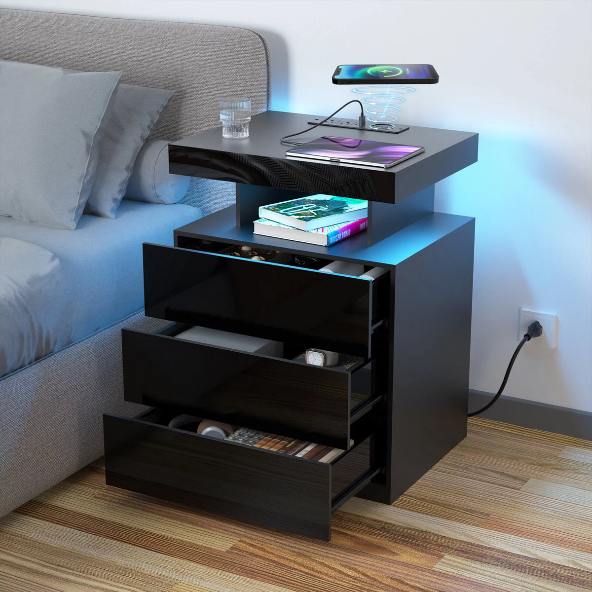 Black 2 Drawer LED Nightstand with Charging Station J68814
