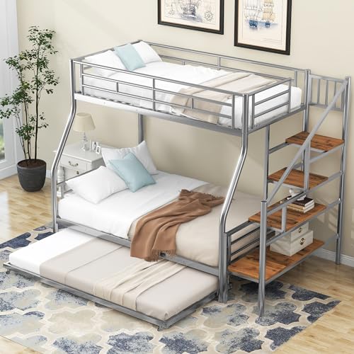 Twin Over Full Metal Bunk Bed with Trundle and Storage Staircase Z691611