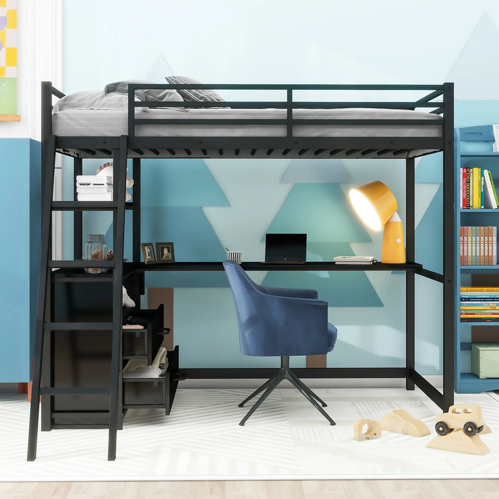 Black Twin Metal Loft Bed with Desk Storage Drawers Shelves M589121