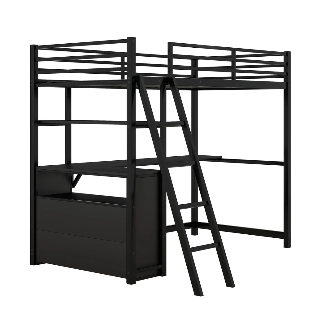 Black Twin Metal Loft Bed with Desk Storage Drawers Shelves M589121