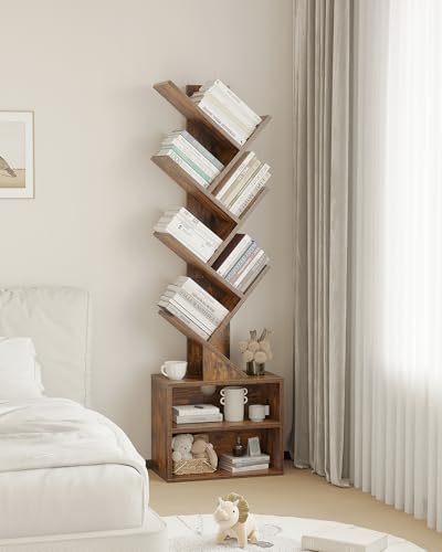 6 Tier Rustic Brown Tree Bookshelf with Storage Cabinet Y307302