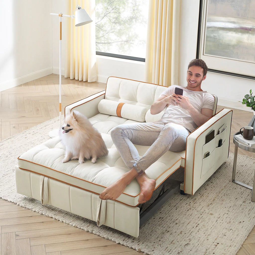 Beige Velvet Convertible Sleeper Sofa Bed O784497