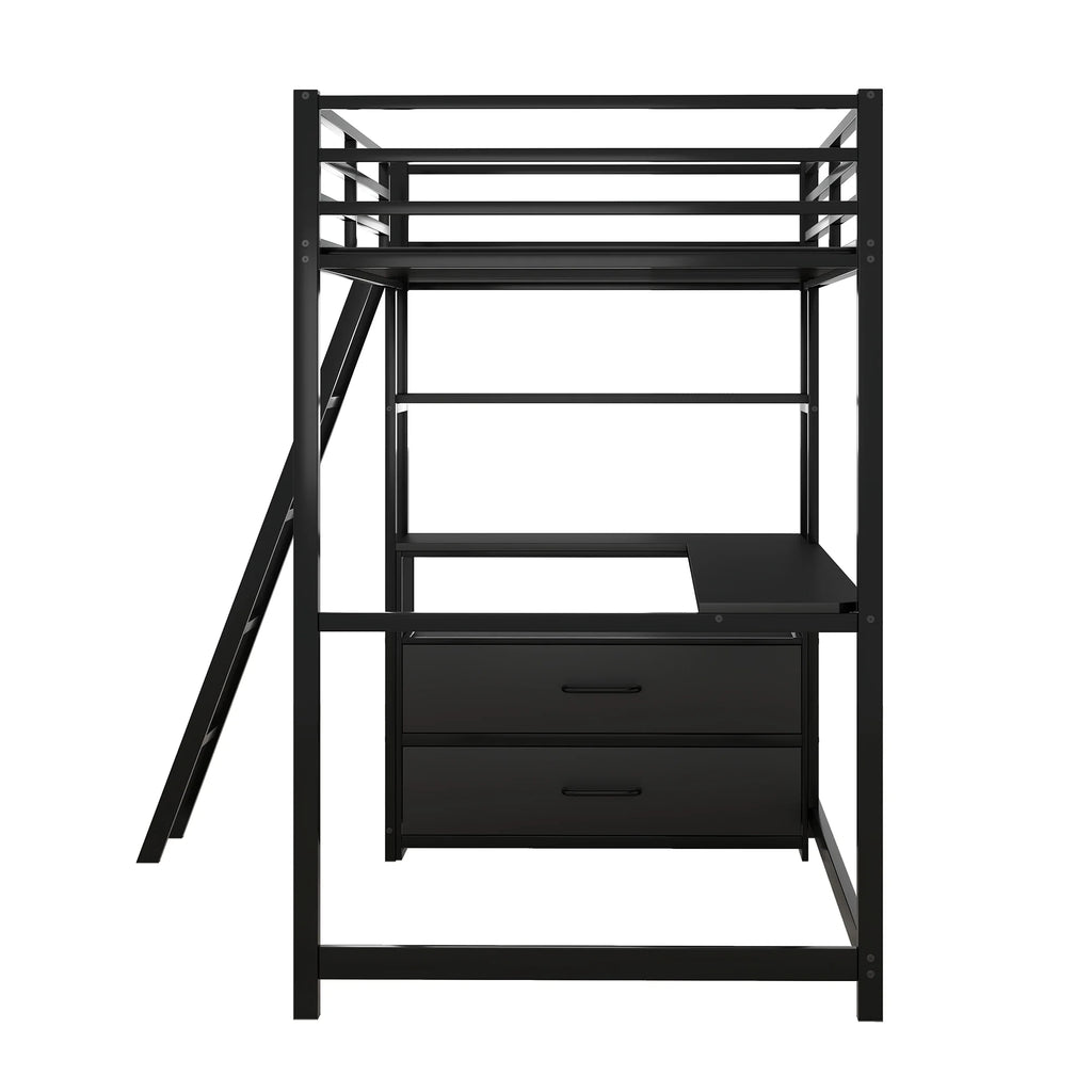 Black Twin Metal Loft Bed with Desk Storage Drawers Shelves M589121