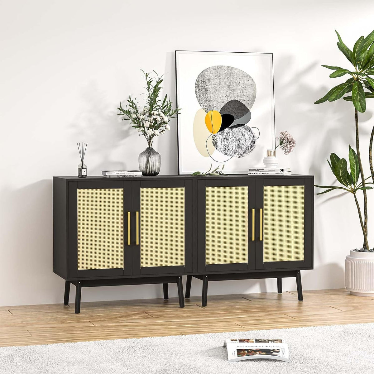 Black Rattan Storage Cabinet Set of 2 H312
