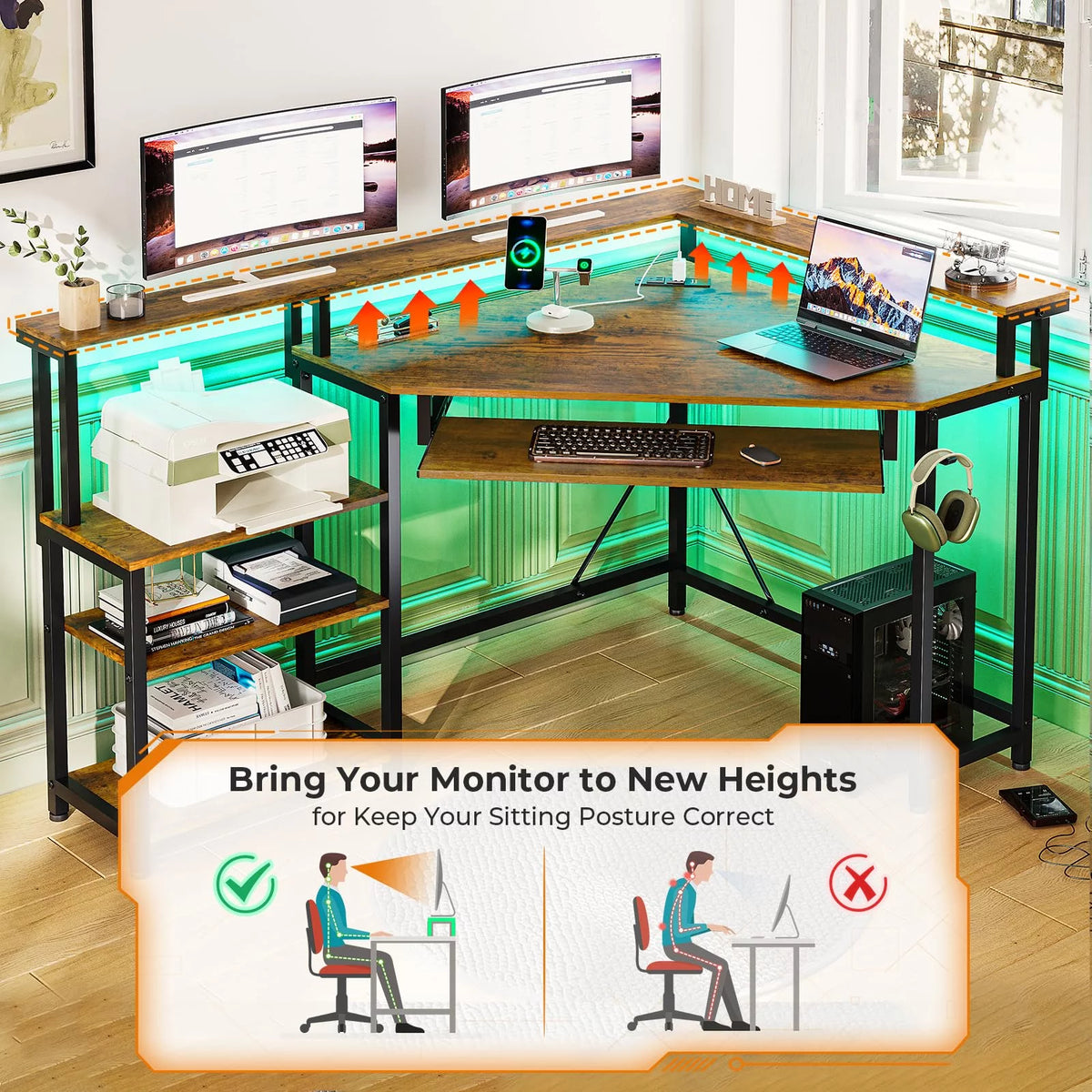 Brown Corner Computer Desk with Power Outlets and LED Lights L863