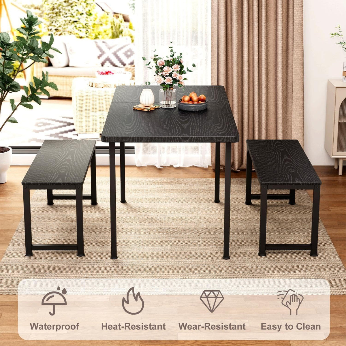 Black Extendable Dining Table Set with 2 Benches N1623