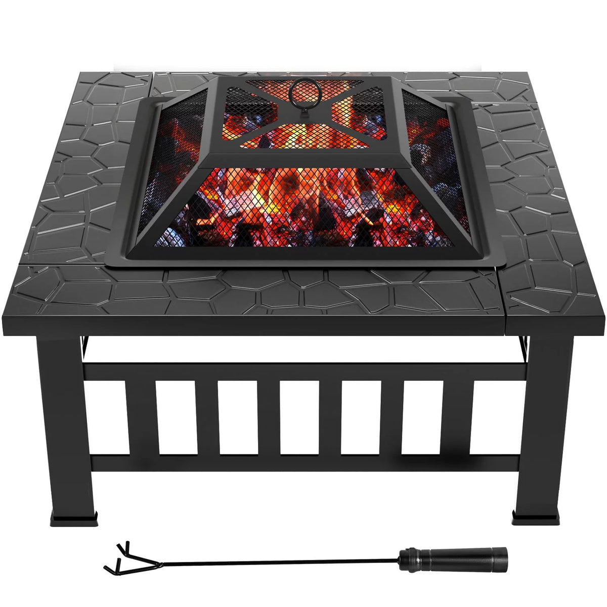 32 Square Metal Fire Pit with Cover and Poker, Black A48003