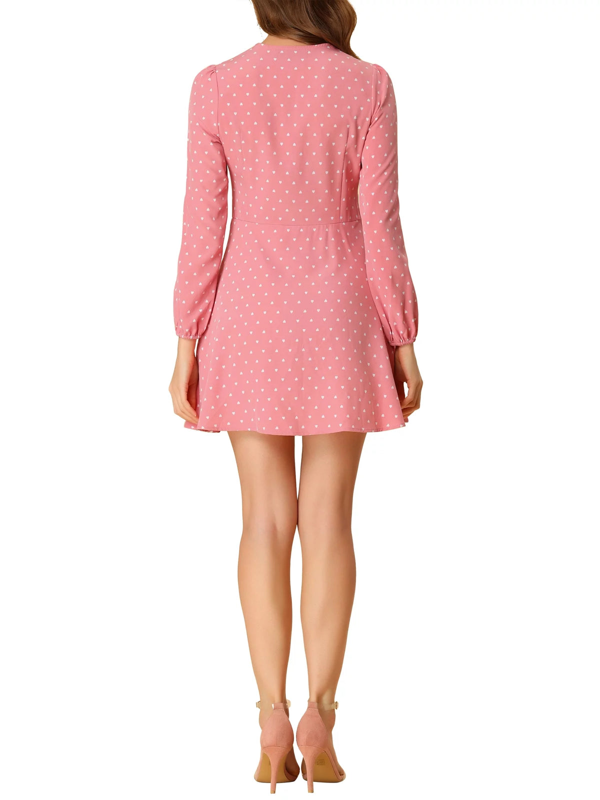 Long Sleeve Heart Print Mini Dress I5857