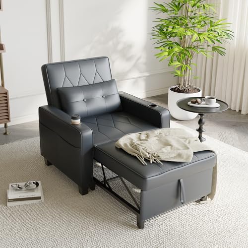 Black Leather Convertible Sofa Chair Bed A101878