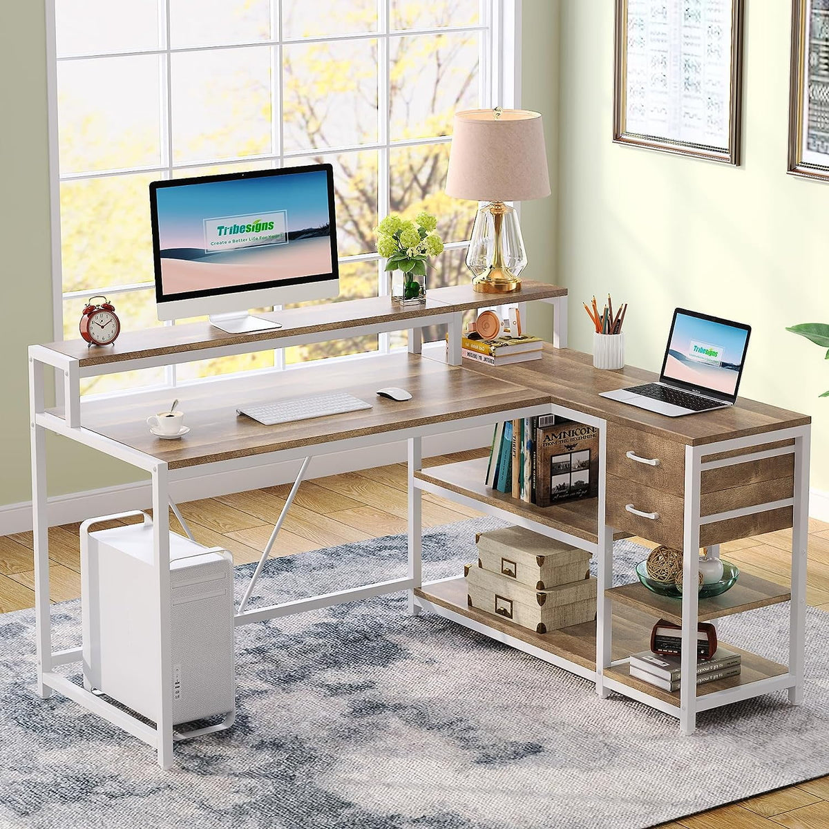 L Shaped Corner Desk with Drawer and Storage Shelves R29159