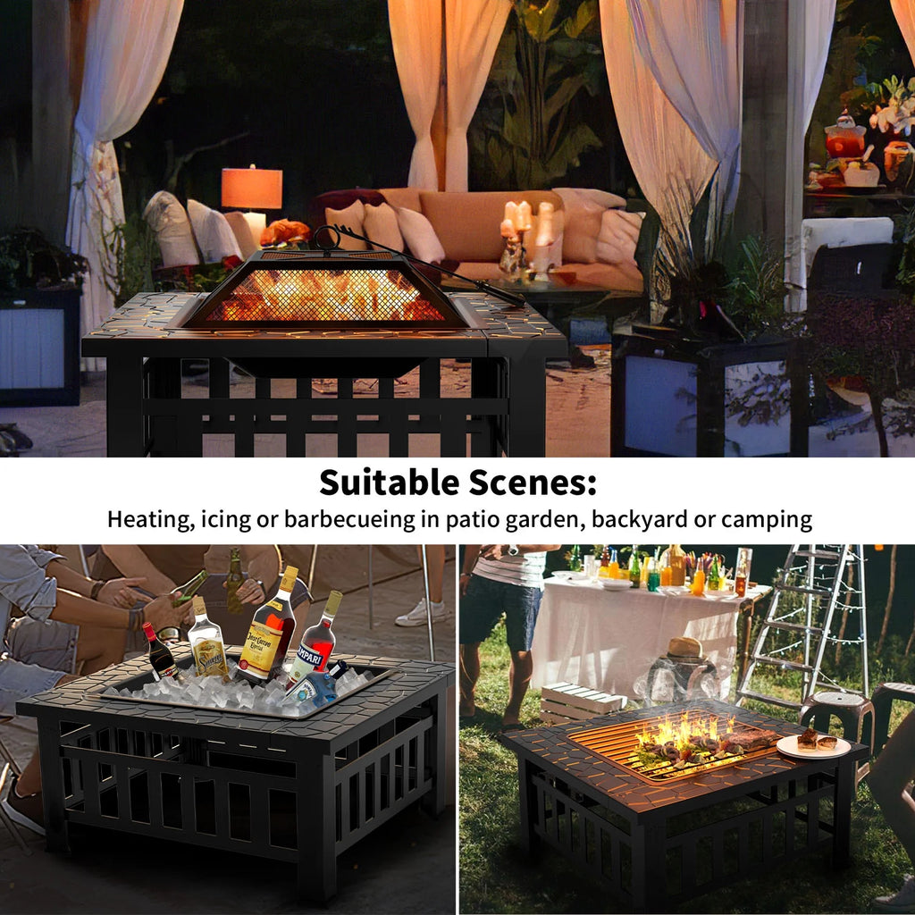 32 Square Metal Fire Pit with Cover and Poker, Black A48003