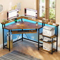 Brown Corner Computer Desk with Power Outlets and LED Lights L863