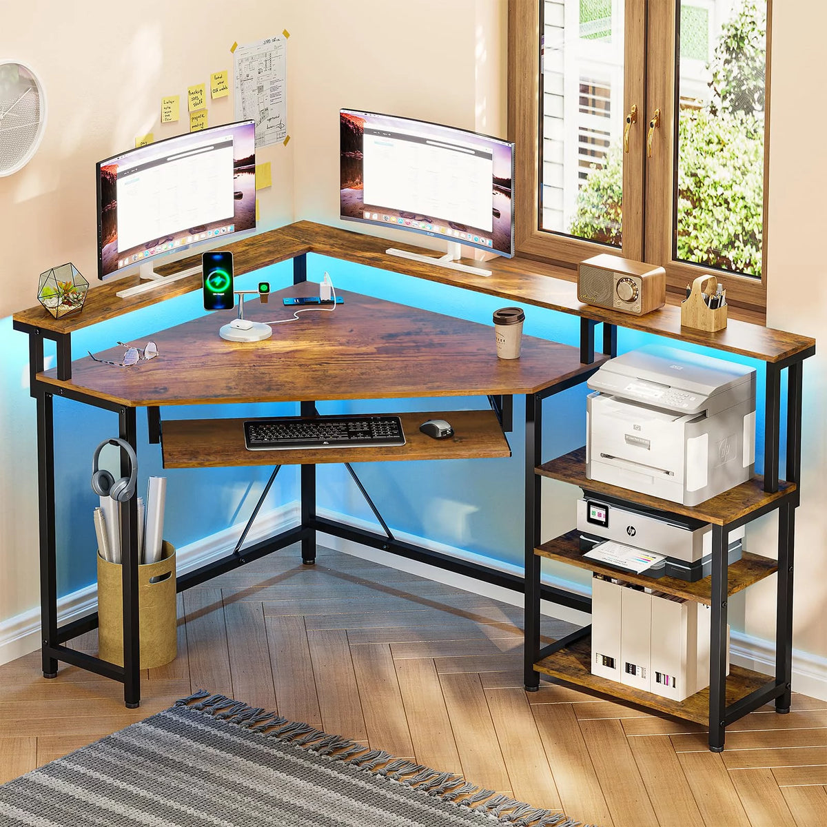 Brown Corner Computer Desk with Power Outlets and LED Lights L863