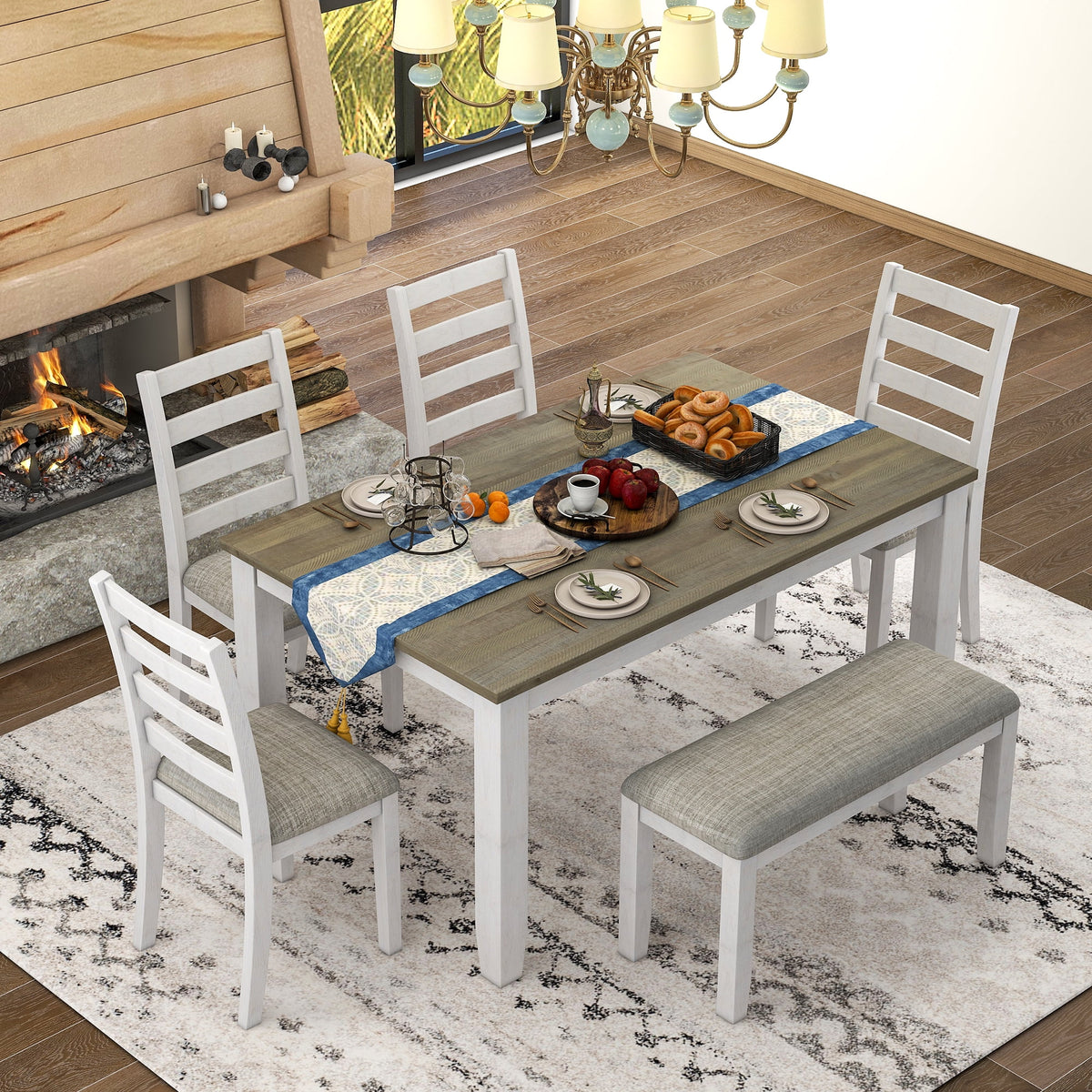 6-Piece Dining Table Set with 4 Upholstered Chairs and Bench F942