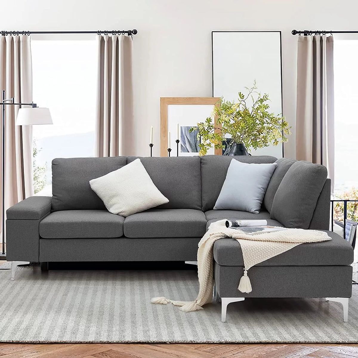 85.5" Right Facing Sectional Sofa with Ottoman in Gray C912