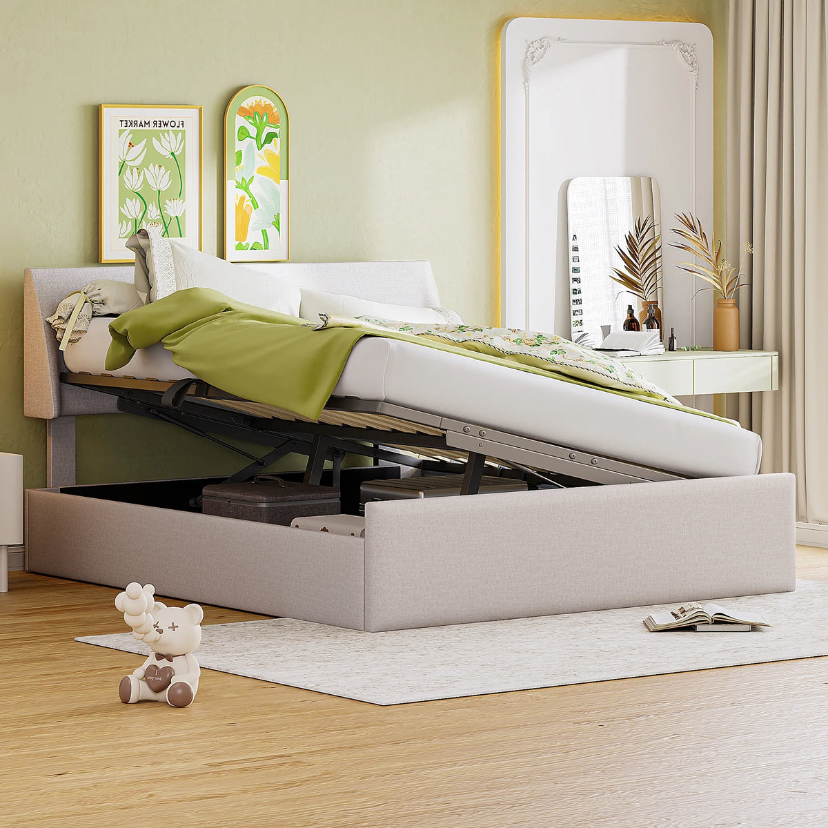 Full Size Sleigh Bed with Hydraulic Storage and Beige Linen Upholstery L6792