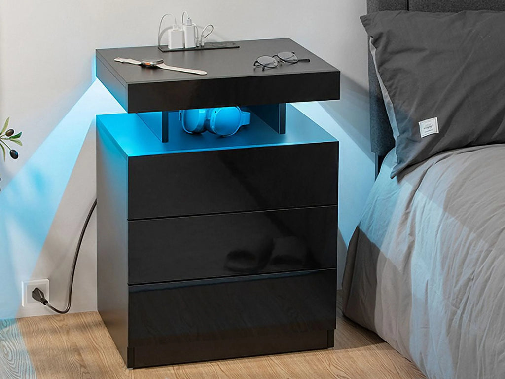 Black 2 Drawer LED Nightstand with Charging Station J68814